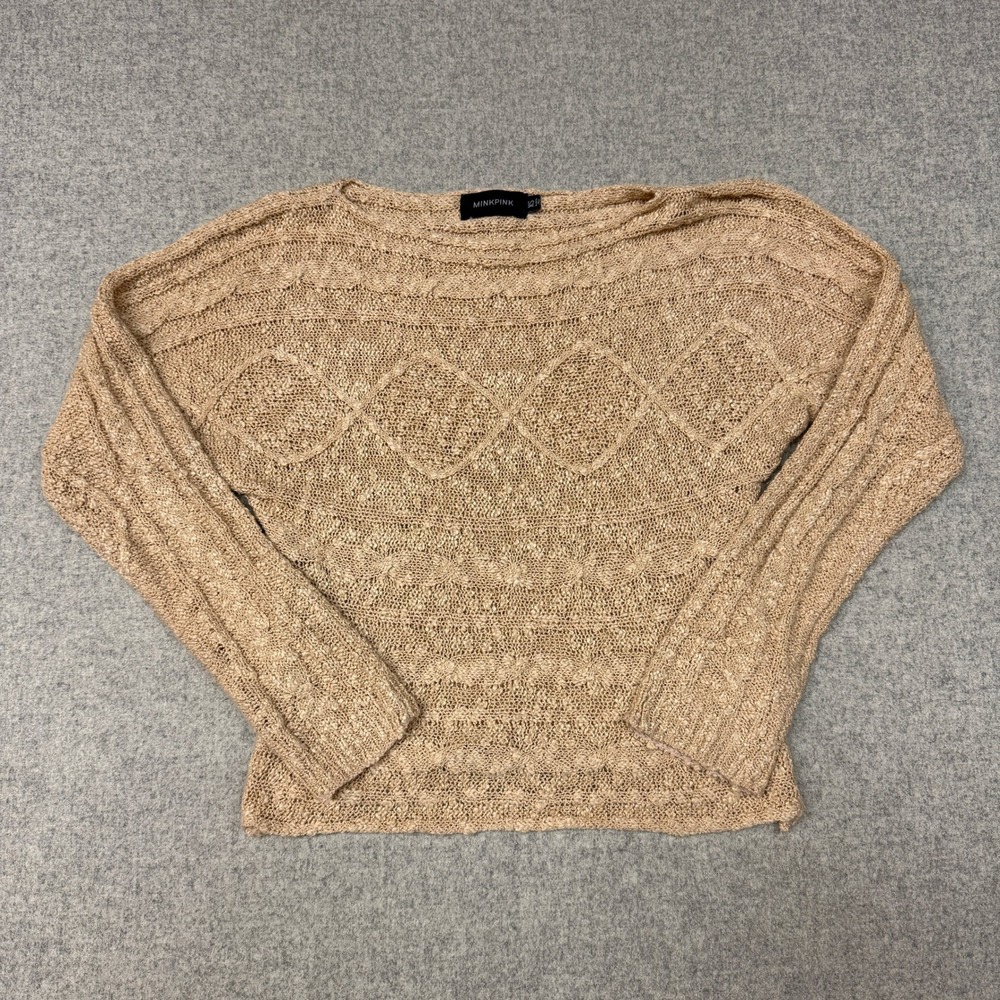 Minkpink | Open Knit Dolman Sweater | XS | Tan | Boho Diamond Pointelle Boatneck